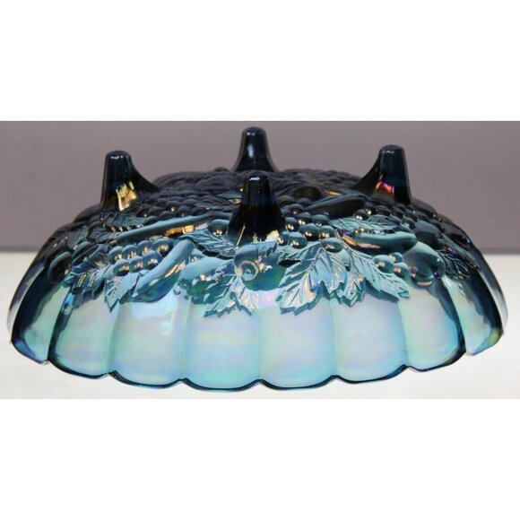 VTG Indiana Carnival Glass Blue Grapes Footed Harvest Fruit Bowl Iridescent - Picture 8 of 10